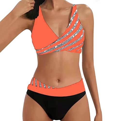 Allegorly Damen Bikini Set Triangel Breites Unterbrustband Zweiteiliger Badeanzug Wickeloptik Lace Up Bikini V Ausschnitt Blumenmuster Zweiteiliger Badeanzug Swimsuit (HJ1D-Orange, L) von Allegorly