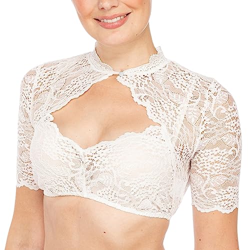 Allegorly Damen Trachtenbluse Dirndlbluse Damen Trachtenbluse Spitze Dirndl Blusen Kurzarm Schulterfrei Spitzendirndlbluse Stretch Bluse Transparent Elegante Trachtenmode für (AL2-White, XL) von Allegorly