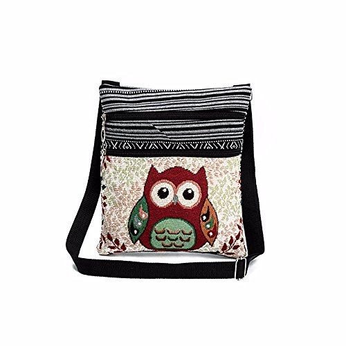 Allegorly Flache Umhängetasche Schultertasche Stofftasche Tragetasche Messenger Bag für Damen Bestickter Ethno Style Niedliches Eulenmotiv Damen Umhängetasche Crossbody Schultertasche 23.5cm×1cm×21cm von Allegorly