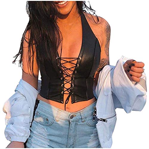 Allegorly Lack Leder Crop Top Damen Leder-Optik Bustier Korsett Bauchfrei Wetlook Shirts Kurz Sexy Tanktop Leder Spaghetti BH Top Oberteile Bekleidung (Schwarz, M) von Allegorly