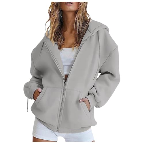 Allegorly Sweatjacke Damen Oversize Sommer Sweatshirt Jacke Mit Kapuze Zipper Hoodie Kapuzenjacke Langarm Sweatshirt Sport Style Casual Kapuzenpullover Mit Reißverschluss Oversize Mantel (Grey #2, L) von Allegorly