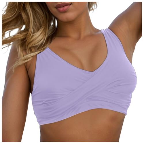 Damen Bikini Oberteil Große Brüste Push Up Bikini Top Ausschnitt Wickeloptik Sport Bra Badeanzug Top Rückenfrei Swimsuit Bra Bralette Breite Träger Bikini Top (Purple-1, M) von Allegorly