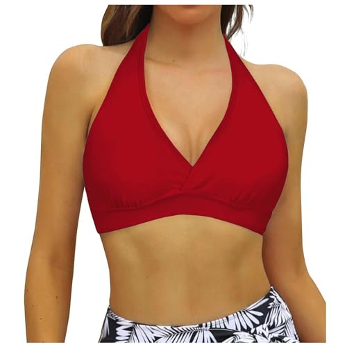 Damen Bikini Oberteil Große Brüste Push Up Bikini Top Ausschnitt Wickeloptik Sport Bra Badeanzug Top Rückenfrei Swimsuit Bra Bralette Breite Träger Bikini Top (Red-3, XXL) von Allegorly