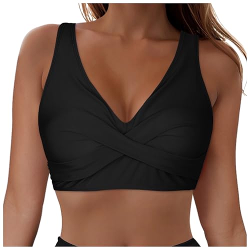Damen Bikini Oberteil V Ausschnitt Wickeloptik Crossover Lace Up Bralette Bademode Push Up Sport Bikini Triangel Neckholder Bikinis Bademode Strand Vacation Swimsuits Bikini Top (1-Black, M) von Allegorly