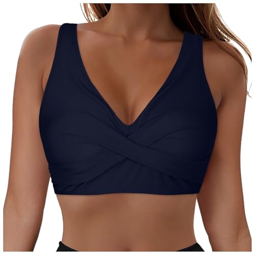 Damen Bikini Oberteil V Ausschnitt Wickeloptik Crossover Lace Up Bralette Bademode Push Up Sport Bikini Triangel Neckholder Bikinis Bademode Strand Vacation Swimsuits Bikini Top (1-Navy, XL) von Allegorly