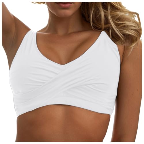 Damen Bikini Oberteil V Ausschnitt Wickeloptik Crossover Lace Up Bralette Bademode Push Up Sport Bikini Triangel Neckholder Bikinis Bademode Strand Vacation Swimsuits Bikini Top (2-White, L) von Allegorly