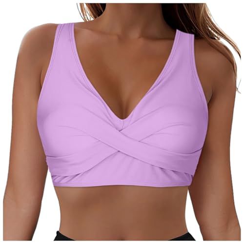Damen Bikini Oberteil V Ausschnitt Wickeloptik Crossover Lace Up Bralette Bademode Push Up Sport Bikini Triangel Neckholder Bikinis Bademode Strand Vacation Swimsuits Bikini Top (3-Purple, M) von Allegorly