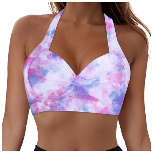 Damen Bikini Oberteil V Ausschnitt Wickeloptik Crossover Lace Up Bralette Bademode Push Up Sport Bikini Triangel Neckholder Bikinis Bademode Strand Vacation Swimsuits Bikini Top (4-Purple, M) von Allegorly
