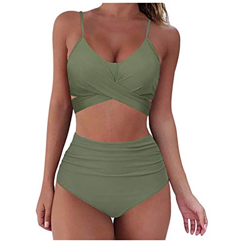 Damen Bikini Set Triangel Breites Unterbrustband Bademode Zweiteiliger Badeanzug Wickeloptik Lace Up Bikini Bademode V Ausschnitt Blumenmuster Zweiteiliger Badeanzug Swimsuit (9-Army Green, L) von Allegorly