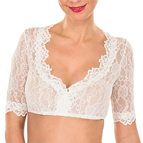 Damen Trachtenbluse Dirndlbluse Damen Trachtenbluse Spitze Dirndl Blusen Kurzarm Schulterfrei Spitzendirndlbluse Stretch Bluse Transparent Elegante Trachtenmode für Oktoberfest (15White, XXL) von Allegorly