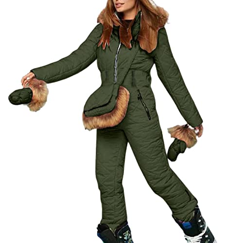 Skianzug Damen Einteiler Damen Skianzug Schneeanzug Lässig Skioverall Frauen Einteiler Skisuit Wasserdicht Skioverall Wasserdicht Ski Suit Skisuit mit Kaputze Reißverschluss Jumpsuit (Army Green-e, L) von Allegorly