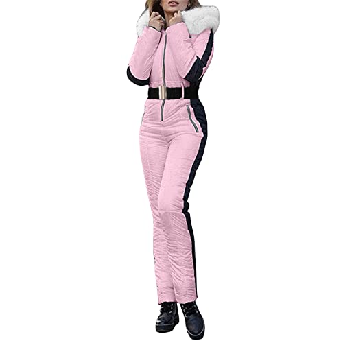 Skianzug Damen Einteiler Damen Skianzug Schneeanzug Lässig Skioverall Frauen Einteiler Skisuit Wasserdicht Skioverall Wasserdicht Ski Suit Skisuit mit Kaputze Reißverschluss Jumpsuit (Pink-b, S) von Allegorly