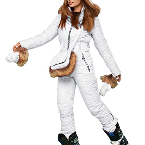 Skianzug Damen Einteiler Damen Skianzug Schneeanzug Lässig Skioverall Frauen Einteiler Skisuit Wasserdicht Skioverall Wasserdicht Ski Suit Skisuit mit Kaputze Reißverschluss Jumpsuit (White-e, M) von Allegorly