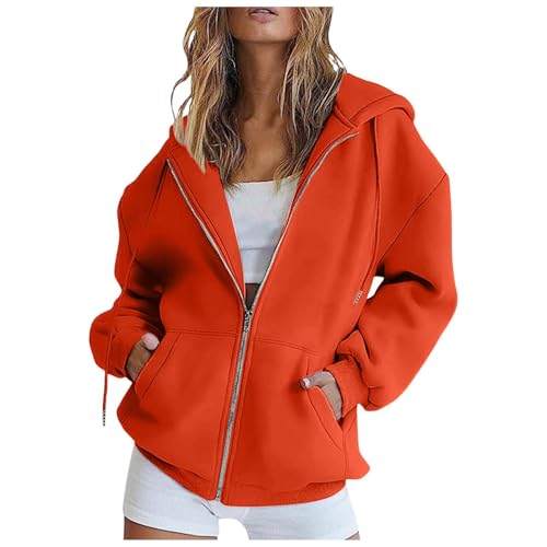 Sweatjacke Damen Oversize Sommer Sweatshirt Jacke Mit Kapuze Zipper Hoodie Kapuzenjacke Langarm Sweatshirt Sport Style Casual Kapuzenpullover Mit Reißverschluss Oversize Mantel (Orange #2, L) von Allegorly