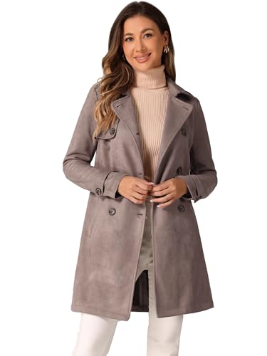 Allegra K, Damen-Trenchcoat aus Wildleder, zweireihig, mit gekerbtem Revers und Gürtel, Dunkelbeige, M von Allegra K
