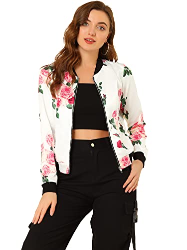 Allegra K 8127 Damen Bomberjacke Stehkragen Reißverschluss Blumenmuster, Weiß, Pink, L von Allegra K