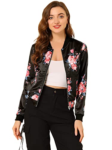 Allegra K Damen-Bomberjacke mit Stehkragen, Reißverschluss, Blumendruck, schwarz/pink, M von Allegra K