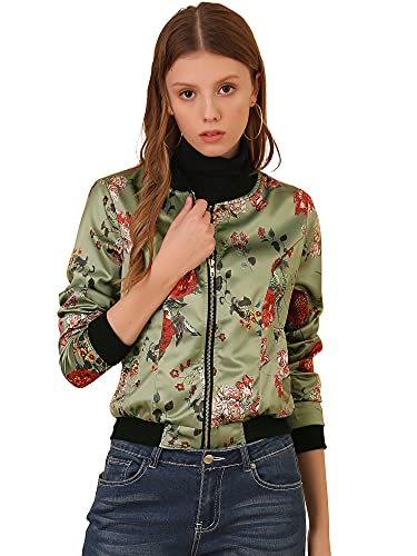 Allegra K 8127 Damen Stehkragen Reißverschluss Blumendruck Bomberjacke, lichtgrün, Large von Allegra K