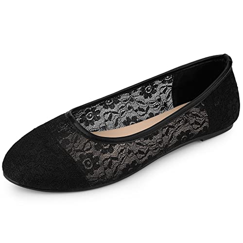 Allegra K Ballerinas zum Hineinschlüpfen mit Spitzen-Mesh-Stickerei für Damen mit runder Zehenpartie Schwarz 38.5 von Allegra K