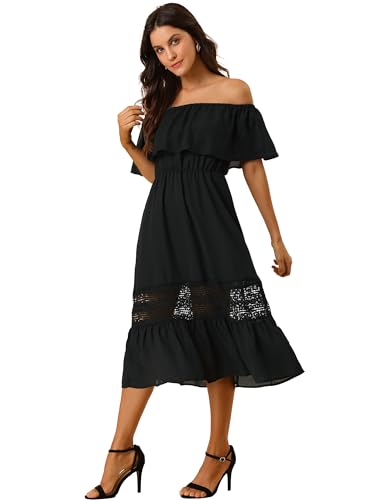 Allegra K Bardot Kleid für Damen, Strandkleidung Sommerkleider, schulterfrei, hohe Taille, kurzärmeliges Urlaubskleid, Schwarz , 42 Allegra K Bardot Kleid für Damen, Strandkleidung Sommerkleider, schulterfrei, hohe Taille, kurzärmeliges Urlaubskleid, Schwarz , 42 von Allegra K