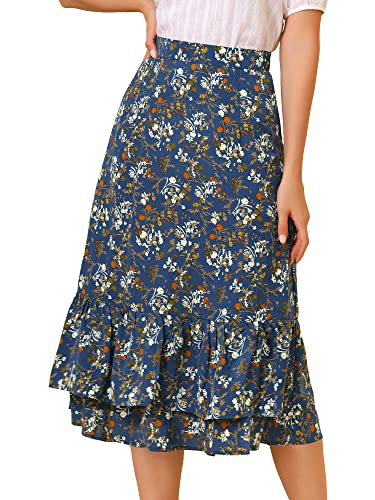 Allegra K Bedruckter Damenrock 2025, Wochenende, trendiger Sommer, Chiffon, Rüschen, gestuft, fließend, Midi-Röcke, blau-blumig, X-Klein von Allegra K
