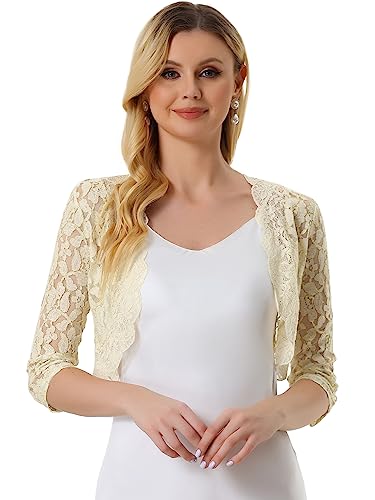 Allegra K Damen Bolero 3/4 Ärmel Hochzeit Elegant Sheer Floral Spitzen Shrug Strickjacke Beige L von Allegra K