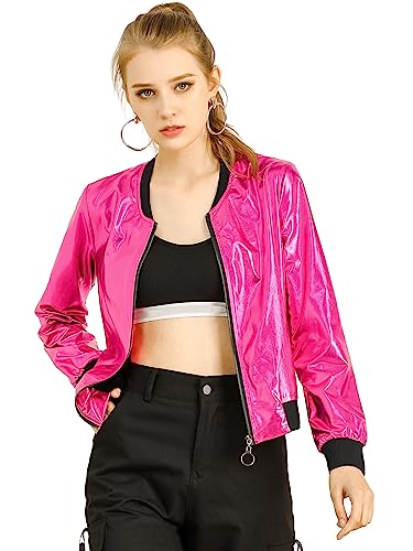 Allegra K Bomberjacke für Damen, holografisch, schimmernd, modisch, Stehkragen, metallisch, leicht, Reißverschluss - Pink - 40 von Allegra K