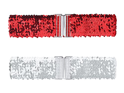 Allegra K Breite Taillengürtel mit Glitzer, Interlock-Schnallen, Pailletten-Dekor, dehnbare Gürtel, 2 Stück rot 60cm/23.62" von Allegra K