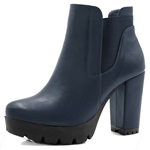 Allegra K Chunky High Heel Plateau-Reißverschluss-Chelsea-Stiefel für Damen Navy Blau 38 von Allegra K