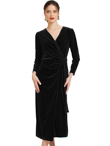 Allegra K Cocktailkleid Aus Samt Für Damen, Wickelkleid Mit V-Ausschnitt, Abendkleid, Partykleid, Maxikleid Schwarz L von Allegra K