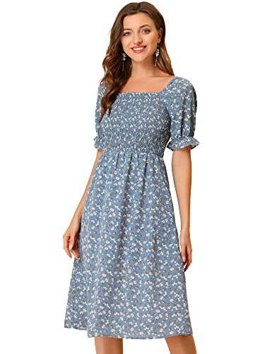 Allegra K Cottagecore Damenkleid mit Blumenmuster, Puffärmel, gesmokt, Midi-Kleider, dusty blue, Mittel von Allegra K