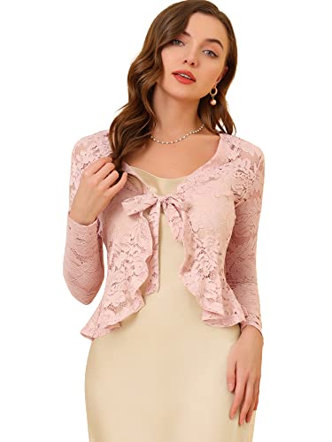 Allegra K Damen Spitzenbolero Langarm Bolero Durchsichtig Rüschensaum Crop Blumen Shrug Rosa L von Allegra K