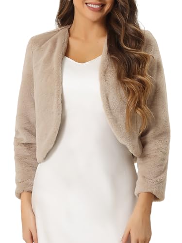 Allegra K Cropped-Jacke für Damen, vorne offen, kragenlos, langärmelig, Kunstpelz, Khaki, S, khaki, S von Allegra K