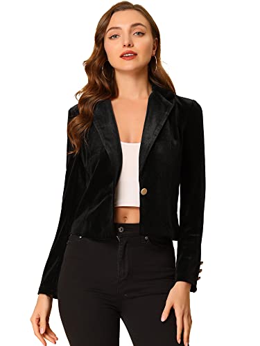 Allegra K Damen 1 Knopf Samt Blazer Revers Business Büro Weihnachten Crop Suit Jacke, Schwarz, L von Allegra K