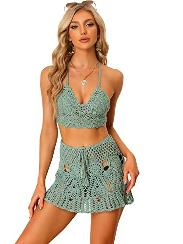 Allegra K Damen 2 Stück Bikini Set Hollow Out Cami Top Mini Rock Sommer Strand Häkeln Stricksets, mintgrün, Medium von Allegra K