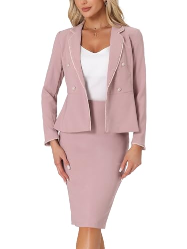 Allegra K Damen 2-Teilig Business Anzug Tweed Blazer Jacke Rock Set Rosa XL von Allegra K