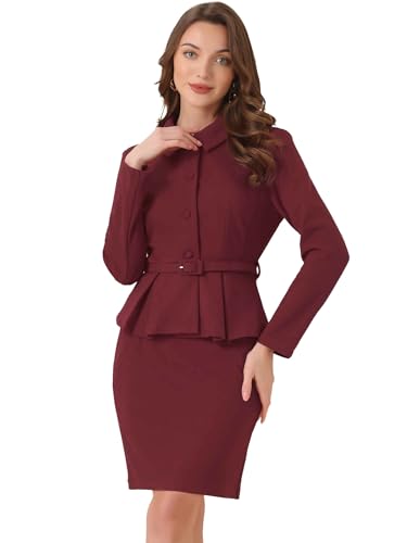 Allegra K Damen 2-Teilige Business Anzüge Schößchen Blazer Jacken und Bleistiftrock Sets Burgunderrot M von Allegra K