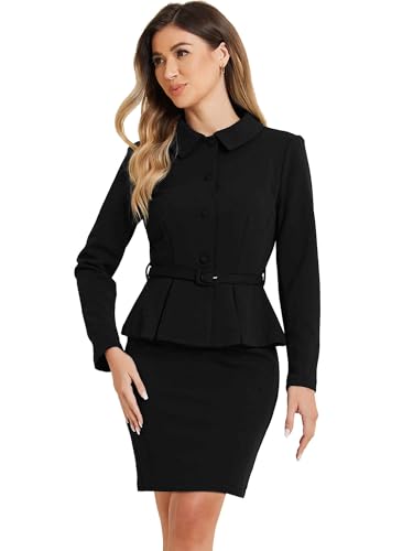 Allegra K Damen 2-Teilige Business Anzüge Schößchen Blazer Jacken und Bleistiftrock Sets Schwarz M von Allegra K