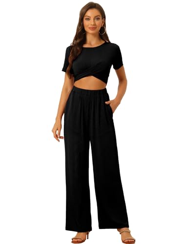 Allegra K Damen 2-Teilige Outfits Kurzarm Front Twist Cropped Top Wide Leg Hosen Sommer Lounge-Sets Freizeitanzug Schwarz L von Allegra K