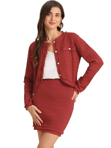 Allegra K Damen 2-Teiliger Anzug Stretch-Pullover Kurze Jacke Rock Vintage-Sets rot L von Allegra K