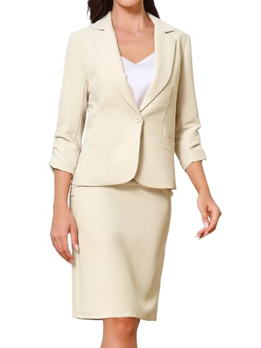Allegra K Damen 2-Teiliges Anzug Rock Set Business Blazer Bleistiftrock mit Schlitz Beige XL von Allegra K