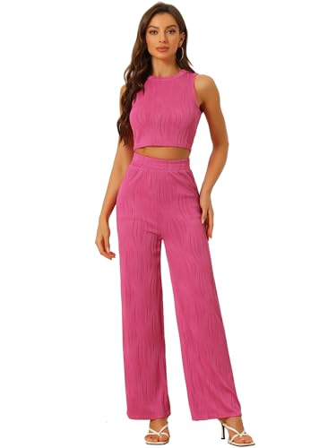 Allegra K Damen 2-Teiliges Outfit, Ärmelloses Crop-Top, Weites Bein, Hose, Strukturiertes Set Pink M von Allegra K