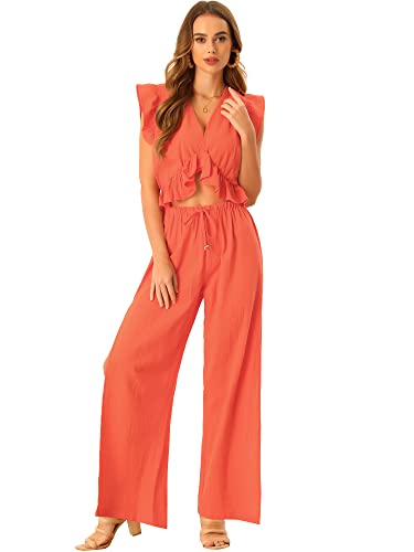 Allegra K Damen 2-Teiliges Outfit Tief V-Ausschnitt Rüschen Bauchfrei Top Geteilt Weit Bein Hose Set Orange XS von Allegra K