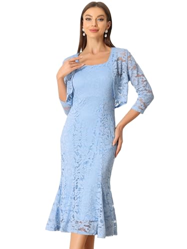 Allegra K Damen 2-Teiliges Spitzenkleid, Ärmelloses Fischschwanz-Etuikleid Und Achselzucken Mit Offener Vorderseite Hellblau M von Allegra K