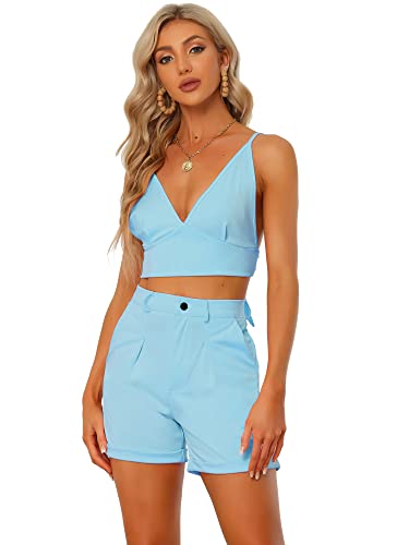 Allegra K Damen 2-teilig Outfits Strand Sommer Ärmellos Crop Top mit Knoten Shorts Hellblau M von Allegra K