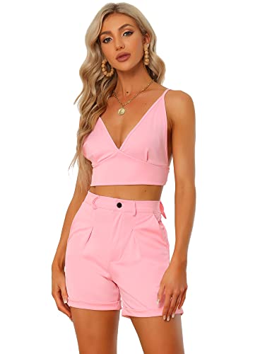 Allegra K Damen 2-teilig Outfits Strand Sommer Ärmellos Crop Top mit Knoten Shorts Rosa XS von Allegra K