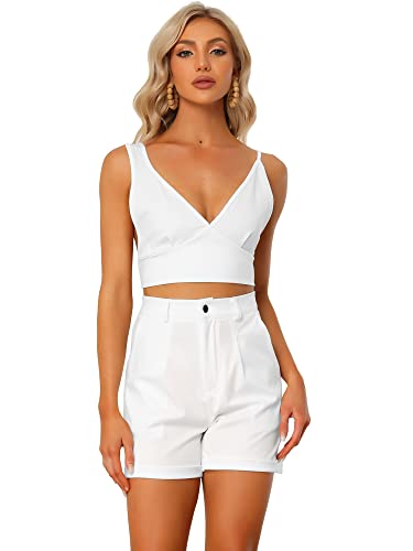 Allegra K Damen 2-teilig Outfits Strand Sommer Ärmellos Crop Top mit Knoten Shorts Weiß S von Allegra K