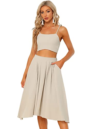 Allegra K Damen 2-teilig Sommer-Outfit Spaghetti Träger Cami Oberteil und Elastischer Taillenrock Set Khaki S von Allegra K