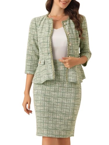 Allegra K Damen 2-teiliger Tweed Business Anzug mit Button-Down 3/4-Ärmeln Jacke Bleistiftrock Elegantes Rock-Set Grün M von Allegra K