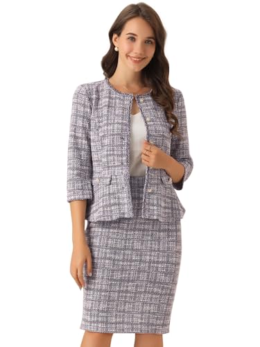 Allegra K Damen 2-teiliger Tweed Business Anzug mit Button-Down 3/4-Ärmeln Jacke Bleistiftrock Elegantes Rock-Set Lila M von Allegra K